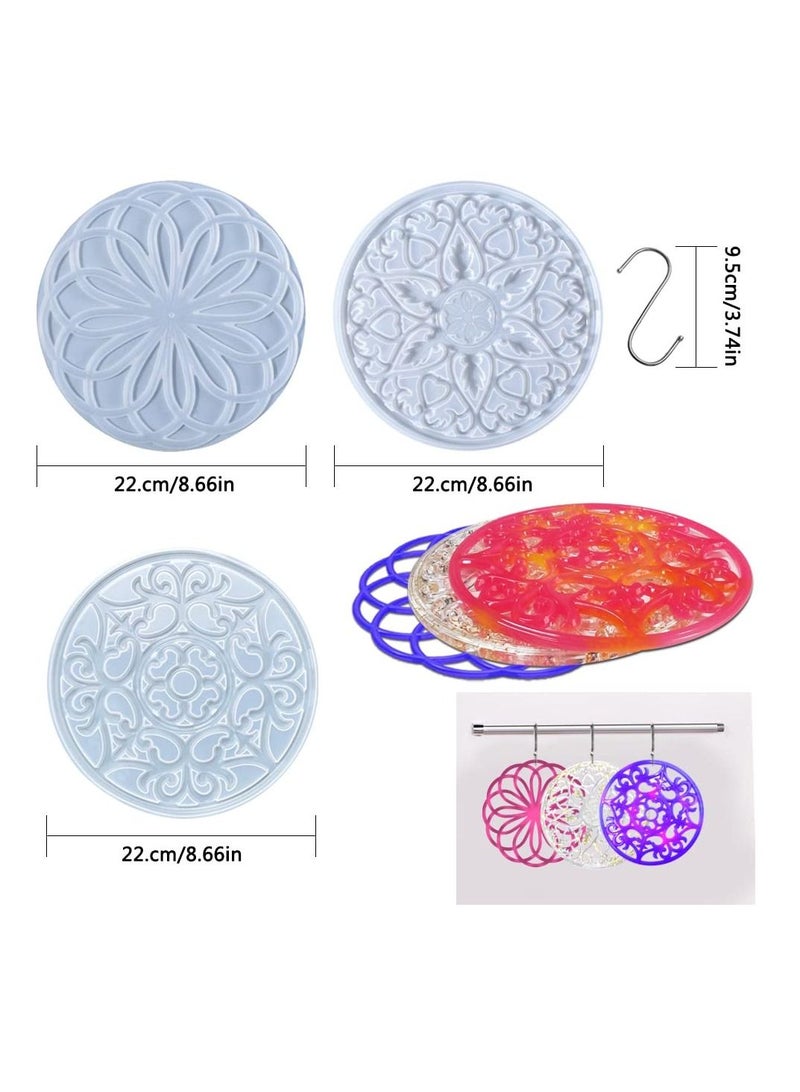 SYOSI Crystal Coaster Resin Moulds, Mandala Silicone Moulds Round Epoxy Resin Moulds with 3 Hooks 3 kinds of pattern DIY Cup Mat Making Epoxy Resin Silicone Moulds for Resin Casting Coaster (3 Pcs ) - Image 4