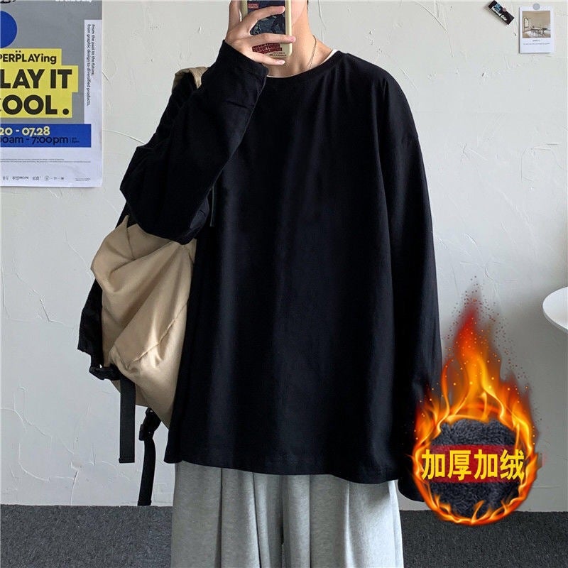 Long-Sleeved T-Shirt Men'S Loose All-Match Hong Kong Style Trendy Pure Color Top Round Neck Fleece-Lined Bottoming Shirt - Image 1