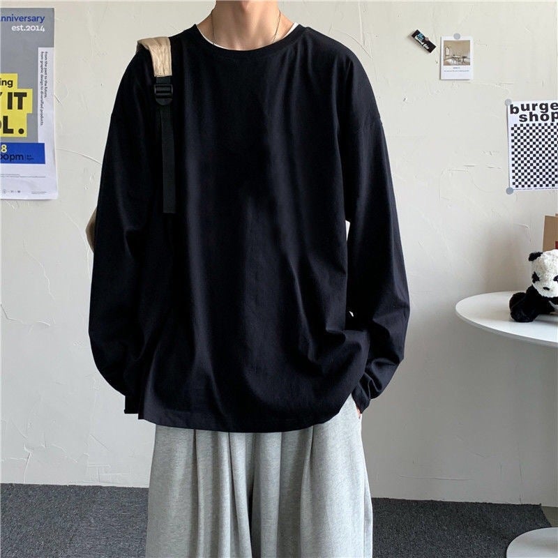 Long-Sleeved T-Shirt Men'S Loose All-Match Hong Kong Style Trendy Pure Color Top Round Neck Fleece-Lined Bottoming Shirt - Image 5