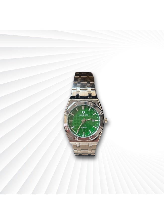 فاندر بلو ساعة رجالي فاخرة مينا اليوم الوطني لون اخضر سوار معدني - Image 1