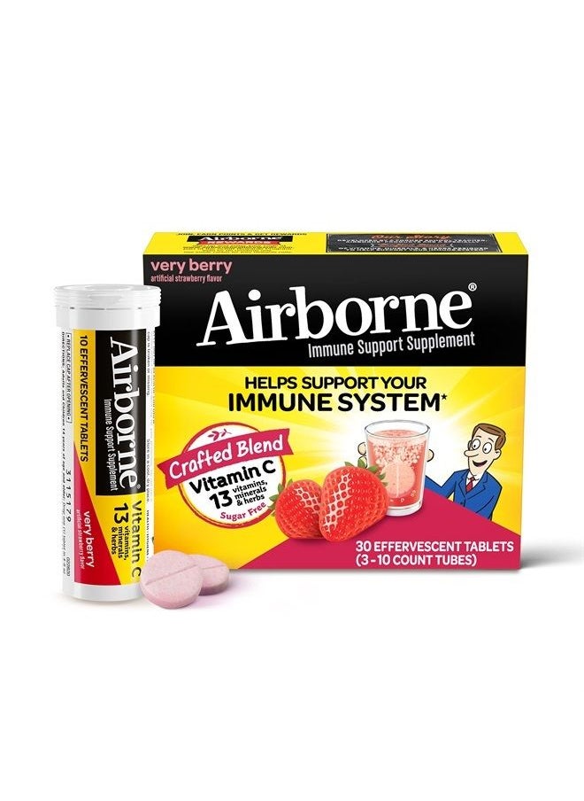 Airborne - 1000mg Vitamin C with Zinc, SUGAR FREE Effervescent Tablets, Immune Support Supplement with Powerful Antioxidants Vitamins A C & E - 30 Fizzy Drink Tablets, Very Berry Flavor - Image 1