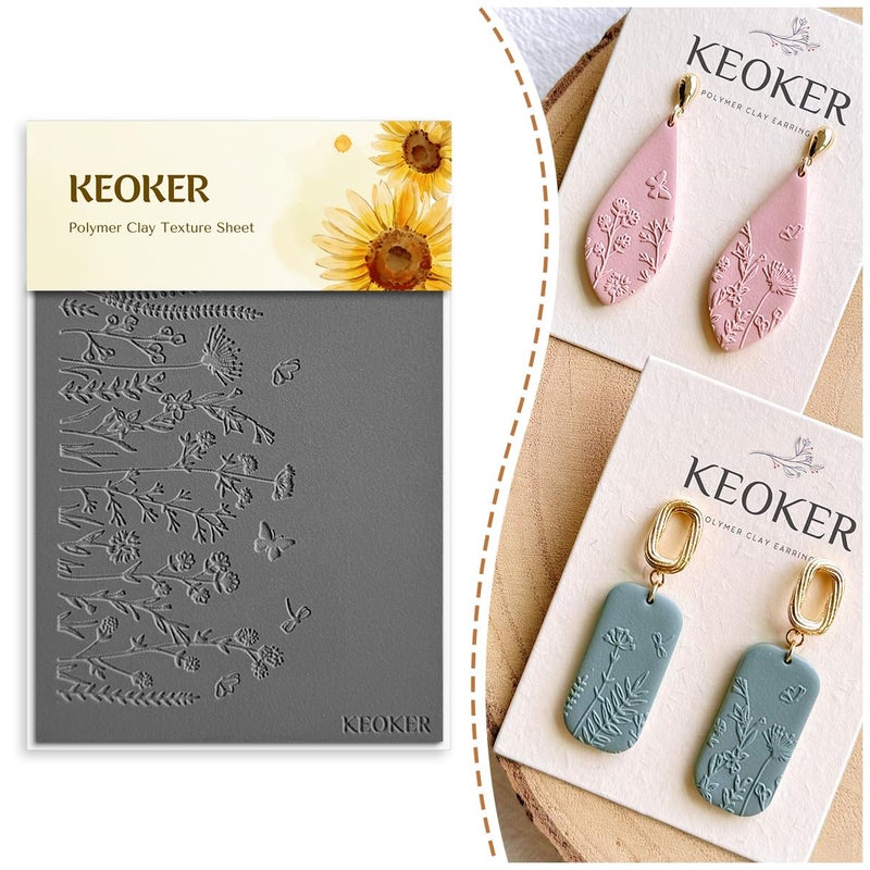 KEOKER Polymer Clay Texture Sheets Set Texture Sheets for Clay Earring Molds Flowers B
