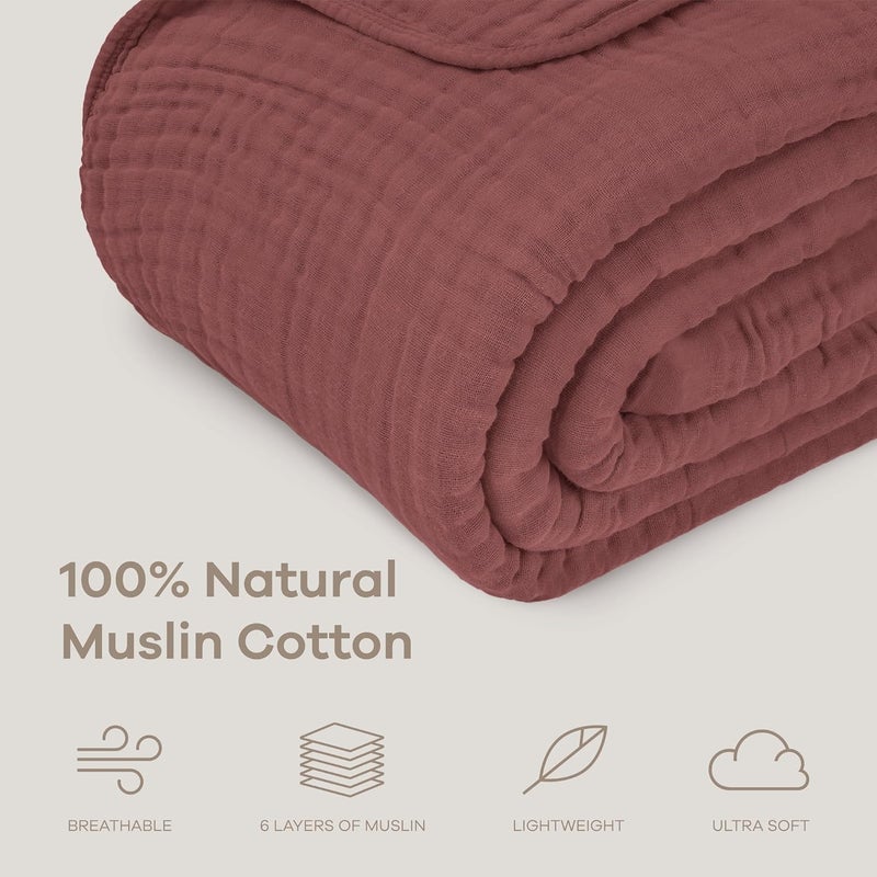 كومفي كلوبس بطانية موسلين كومفي كابس للبالغين، مقاس كوين كبير جدًا 229 × 229 سم، 6 طبقات من القطن الناعم المبرد، قابلة للتنفس ودافئة للرمي لغرفة النوم وغرفة المعيشة (نبيذ، كوين - موسلين) - Image 3