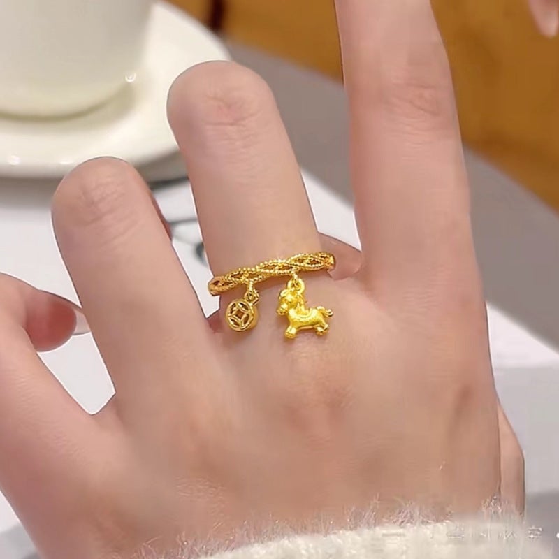SHI YI Year of the Horse Money Pendant Ring for Women - Adjustable Open Design Fashion Jewelry - Image 1
