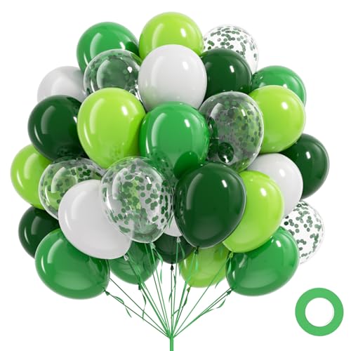 Leraqertra 60Pcs Green Balloons 12inch with Lime Dark Green and White Balloons Confetti Balloon for Themed Baby Shower Birthday Party Decorations - Image 1