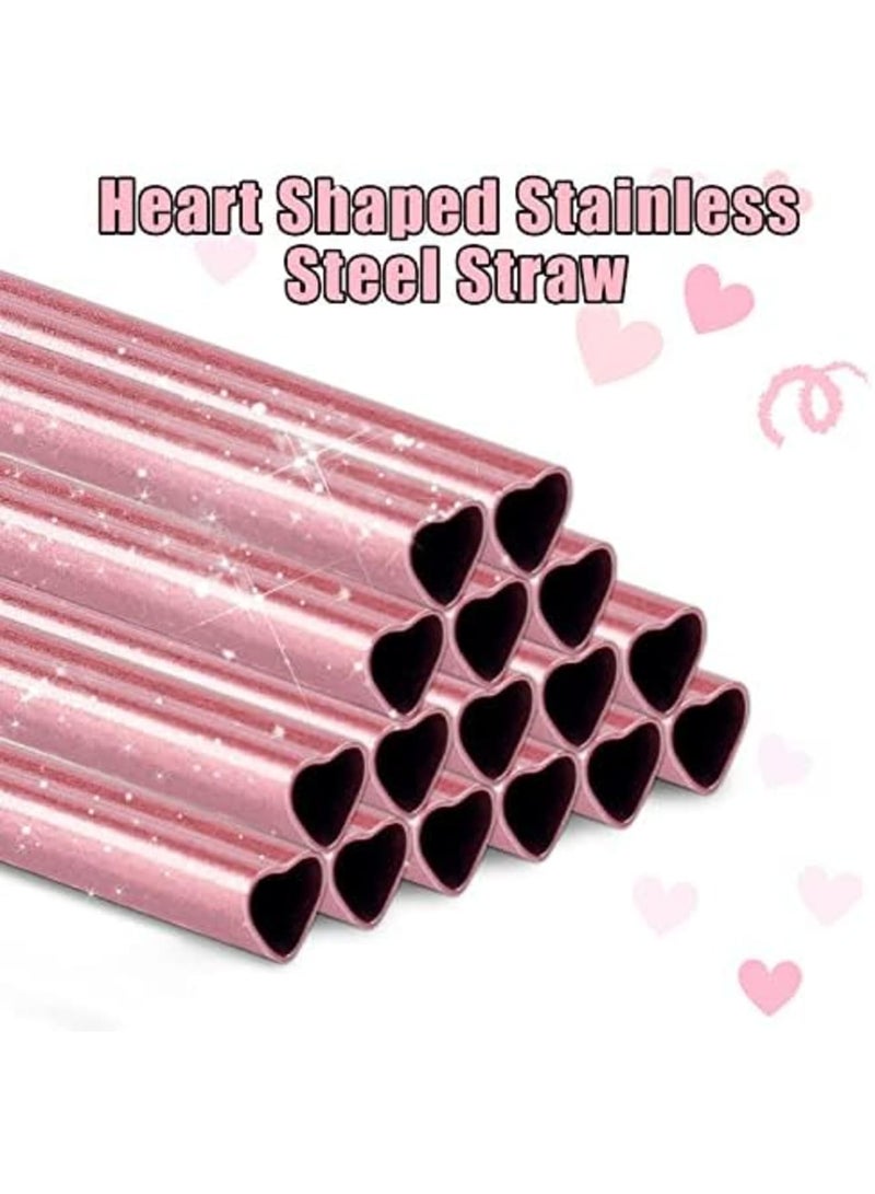 SYOSI Reusable Straws 16 Pack, Stainless Steel Drinking Straws, Heart Shaped Metal Straw Bulks with 2 Cleaning Brushes for Smoothies Tumblers Cocktail MilkShake, Pearl Pink - Image 3