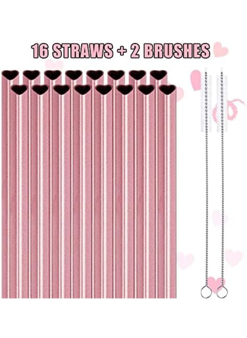 SYOSI Reusable Straws 16 Pack, Stainless Steel Drinking Straws, Heart Shaped Metal Straw Bulks with 2 Cleaning Brushes for Smoothies Tumblers Cocktail MilkShake, Pearl Pink - Image 2