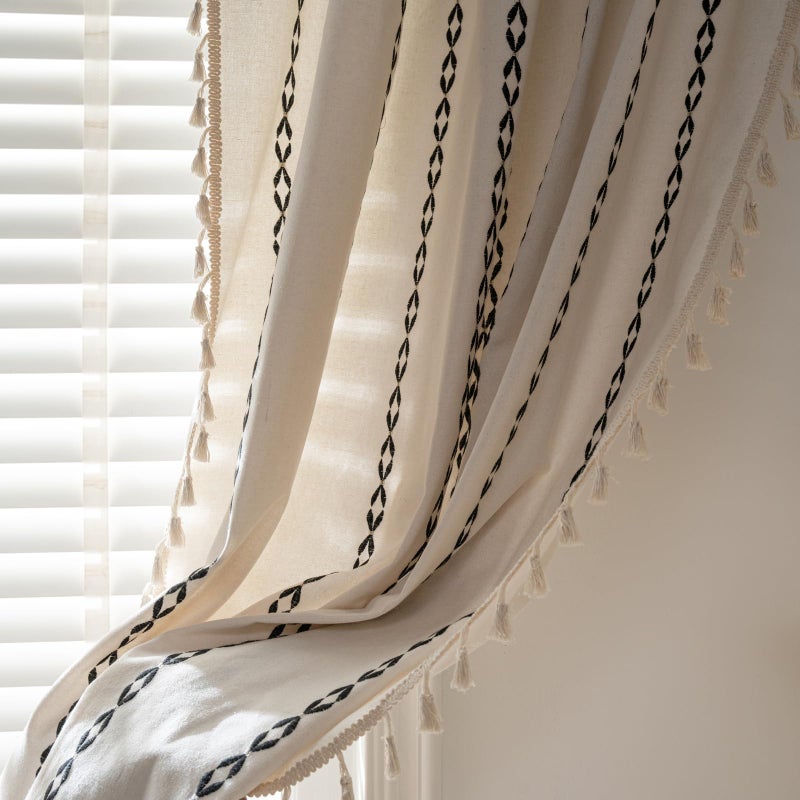 Deeprove Black and White Boho Curtains 84 inches Length for Living Room Bedroom Nursery, Vintage Chic Bohemian 84 inches Long Stripe Embroidery Farmhouse Tassel Privacy Window Decor W52 x L84, 1 Panel - Image 5