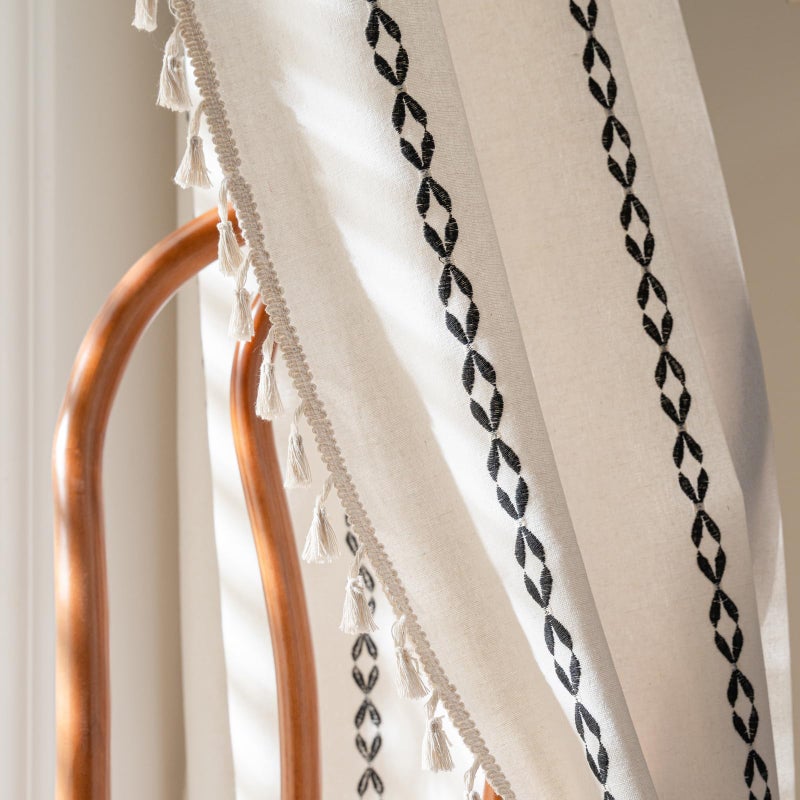 Deeprove Black and White Boho Curtains 84 inches Length for Living Room Bedroom Nursery, Vintage Chic Bohemian 84 inches Long Stripe Embroidery Farmhouse Tassel Privacy Window Decor W52 x L84, 1 Panel - Image 3