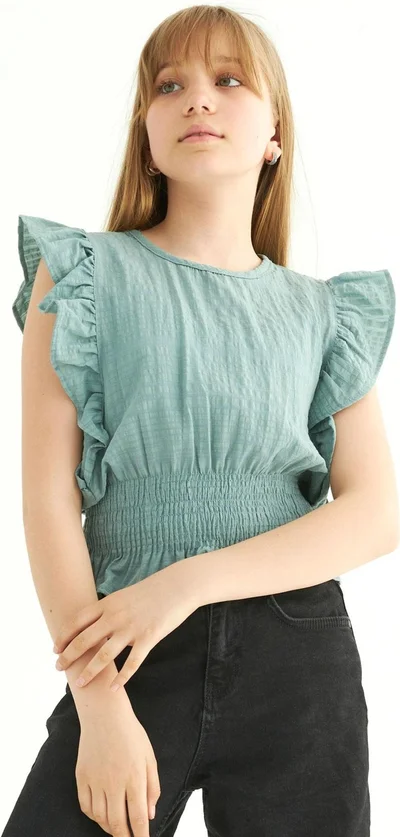 زيبكيدز Crew Neck Bat Sleeve Green Color Girl Blouse