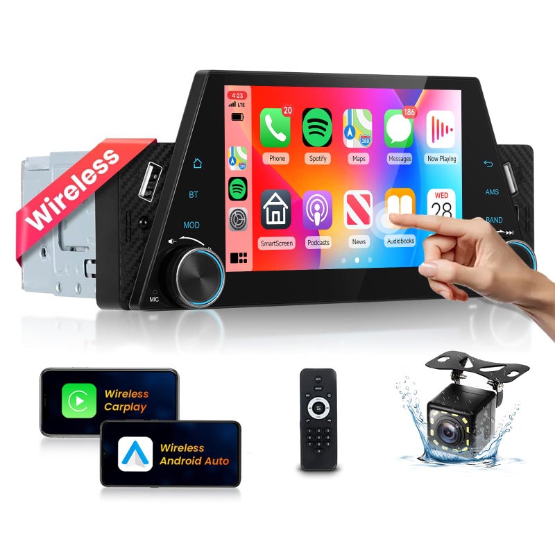 راديو سيارة وايرلس كار بلاي مع أندرويد أوتو وايرلس بودوفو 5 شاشة تعمل باللمس HD دعم بلوتوث راديو FM مرآة رابط USB TFAUX أجهزة استقبال صوت السيارة مع كاميرا خلفية