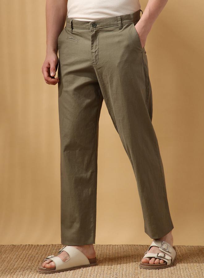 Dennis Lingo Men's Olive 100% Cotton Solid Pattern Full Length Chinos Straight Fit Trouser  - Image 2