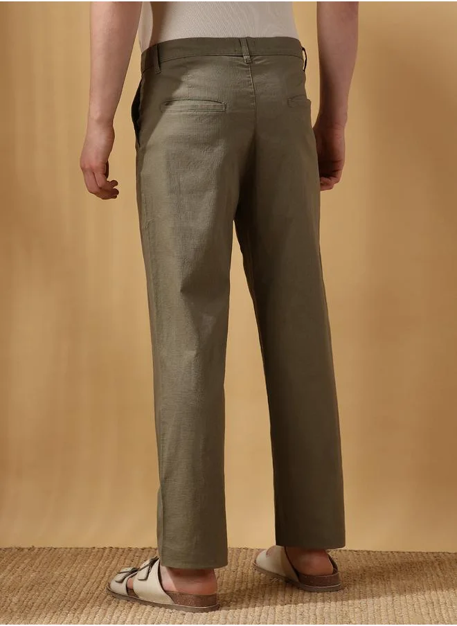 دينيس لينغو Olive 100% cotton slub/linen look Solid Pattern Straight Fit Trouser for Men Full Bottom Body Wear Chinos Button Closure Woven Weave Mid Rise Waist - Perfect for Lifestyle Occasions