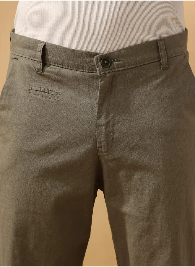 دينيس لينغو Olive 100% cotton slub/linen look Solid Pattern Straight Fit Trouser for Men Full Bottom Body Wear Chinos Button Closure Woven Weave Mid Rise Waist - Perfect for Lifestyle Occasions