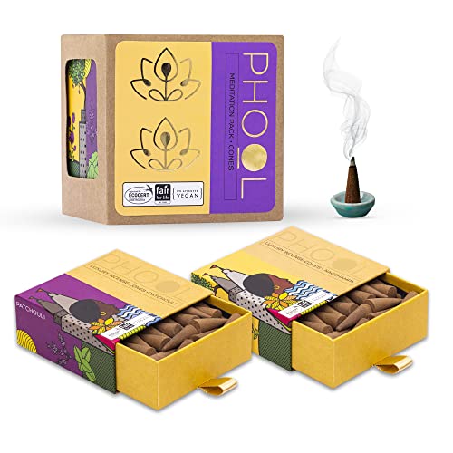 PHOOL LUXURY INCENSE عبوة بخور فُل الفخمة - عبوة 2 مخاريط بخور طبيعية، عبوة تأمل - 80 مخروط دهووب عضوي | عطور - ناجشامبا وباتشولي | مخاريط دهووب للبووجا | حامل دهووب مجاني بالداخل - Image 1