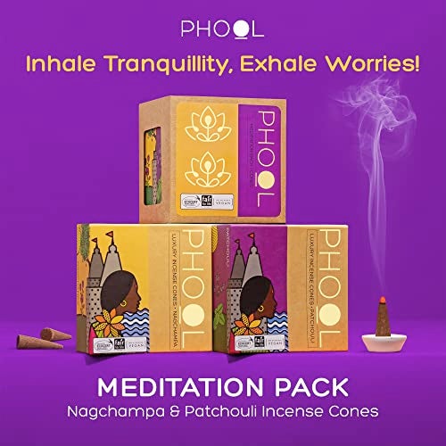 PHOOL LUXURY INCENSE عبوة بخور فُل الفخمة - عبوة 2 مخاريط بخور طبيعية، عبوة تأمل - 80 مخروط دهووب عضوي | عطور - ناجشامبا وباتشولي | مخاريط دهووب للبووجا | حامل دهووب مجاني بالداخل - Image 2