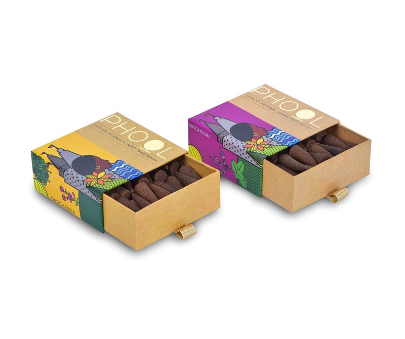 PHOOL LUXURY INCENSE عبوة بخور فُل الفخمة - عبوة 2 مخاريط بخور طبيعية، عبوة تأمل - 80 مخروط دهووب عضوي | عطور - ناجشامبا وباتشولي | مخاريط دهووب للبووجا | حامل دهووب مجاني بالداخل - Image 5