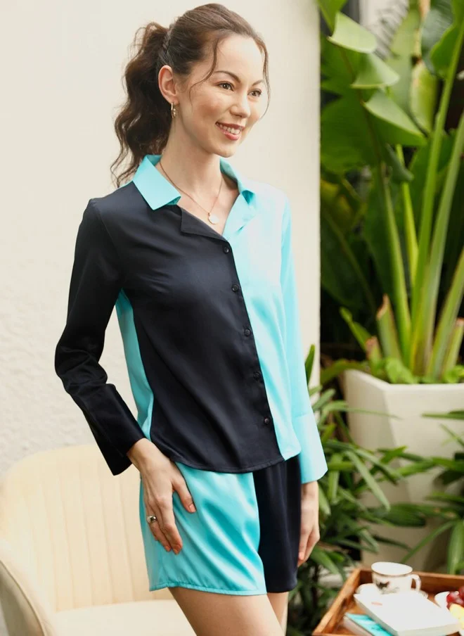 STREET 9 Blue & Black Colourblocked Shirt And Shorts Set For Women