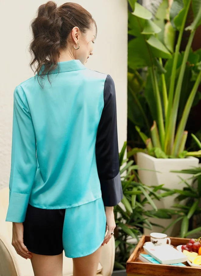 STREET 9 Blue & Black Colourblocked Shirt And Shorts Set For Women
