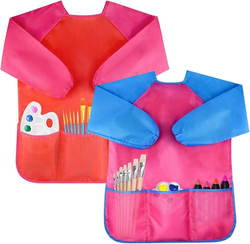 2 Pack Kids Art Smock, Toddlers Painting Aprons Colorful Waterproof Artist Smock with Long Sleeve 3 Roomy Pockets