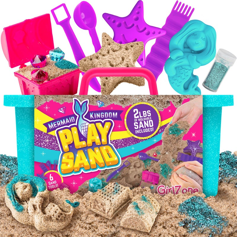GirlZone Mermaid Sensory Sand Kit, 2lbs Moldable Play Sand for Kids Aged 3+, Magic Sand with Gems, Tools & Portable Treasure Chest, Kids Toys for Playdates, Party Games & Gifting - Image 1