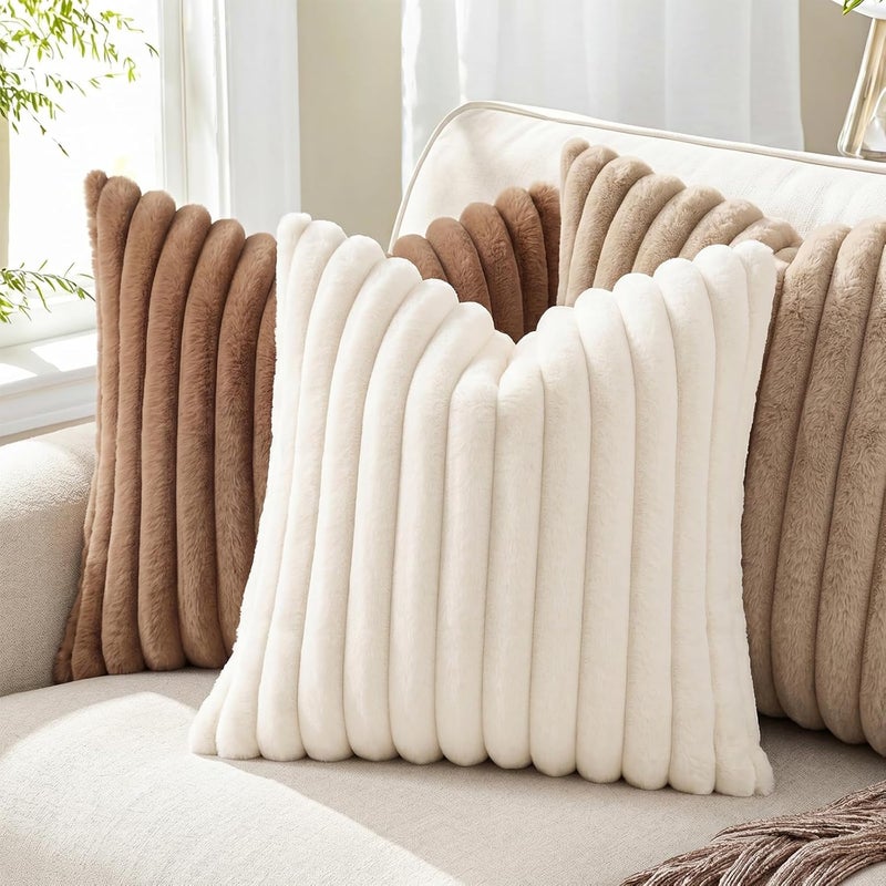 Pallene Faux Fur Plush Throw Pillow Covers 18x18 Set of 2 - Luxury Soft Fluffy Striped Decorative Pillow Covers for Sofa, Couch, Living Room - Cream White - Image 4