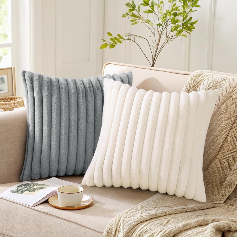Pallene Faux Fur Plush Throw Pillow Covers 18x18 Set of 2 - Luxury Soft Fluffy Striped Decorative Pillow Covers for Sofa, Couch, Living Room - Cream White - Image 5
