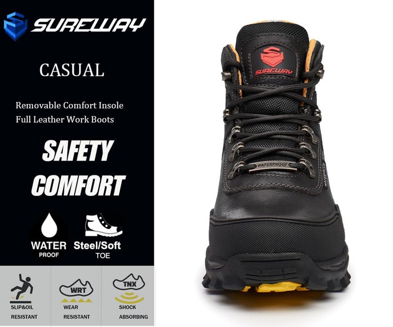 SUREWAY Men's 6" Heavy Duty Steel Toe Waterproof Work Boot - Leather,Lace Up,Oil/Slip Resistant Dual-Density Comfortable Outsole, EH Construction Industrial Ankle Mens Safety Work Boots - Image 4