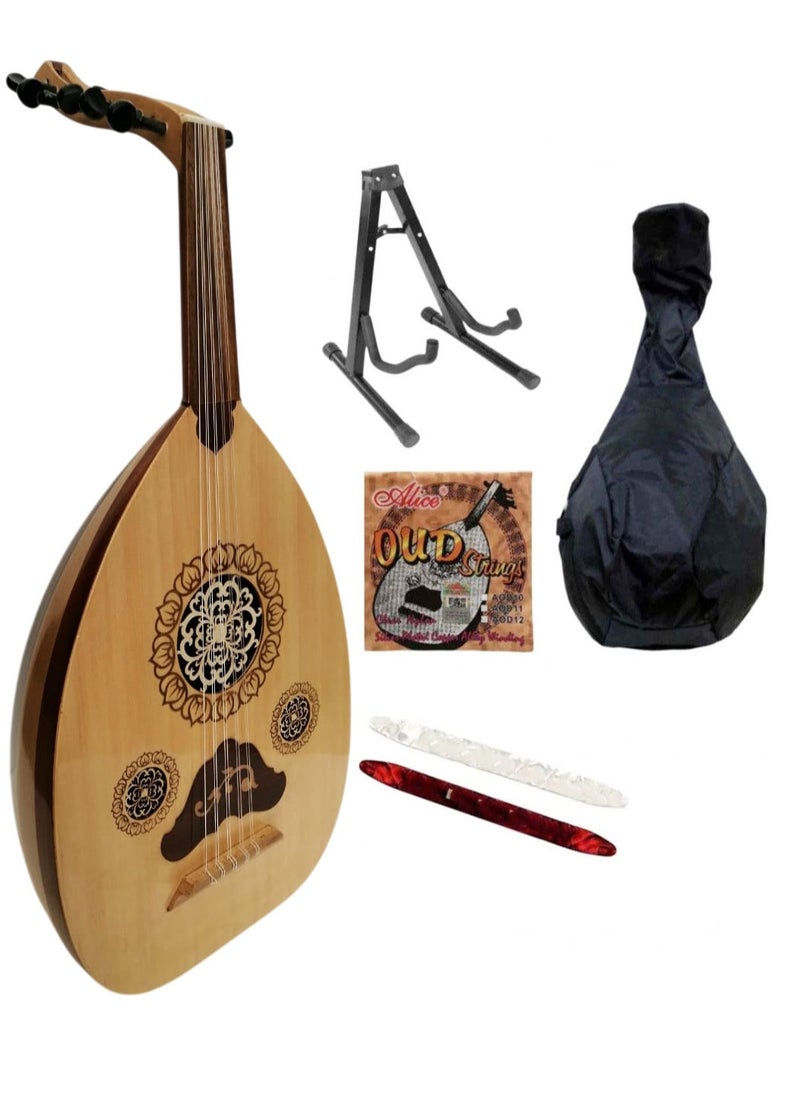 Al-Karz Music Half Lux musical oud with accessories, a floor stand, a bag, extra strings, and oud pick 