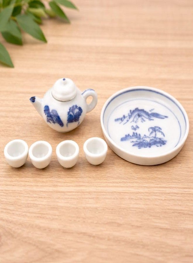 Royal Fountain Miniature Porcelain Tea Set with Tray, Blue and White, Handmade, Includes Teapot and 4 Cups, 8cm Plate - Image 1
