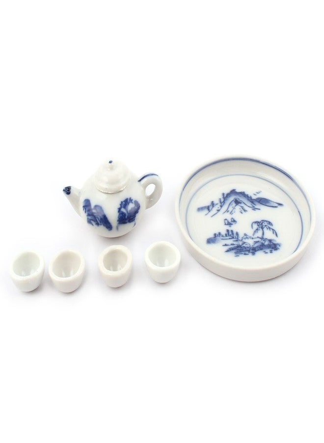 Royal Fountain Miniature Porcelain Tea Set with Tray, Blue and White, Handmade, Includes Teapot and 4 Cups, 8cm Plate - Image 2