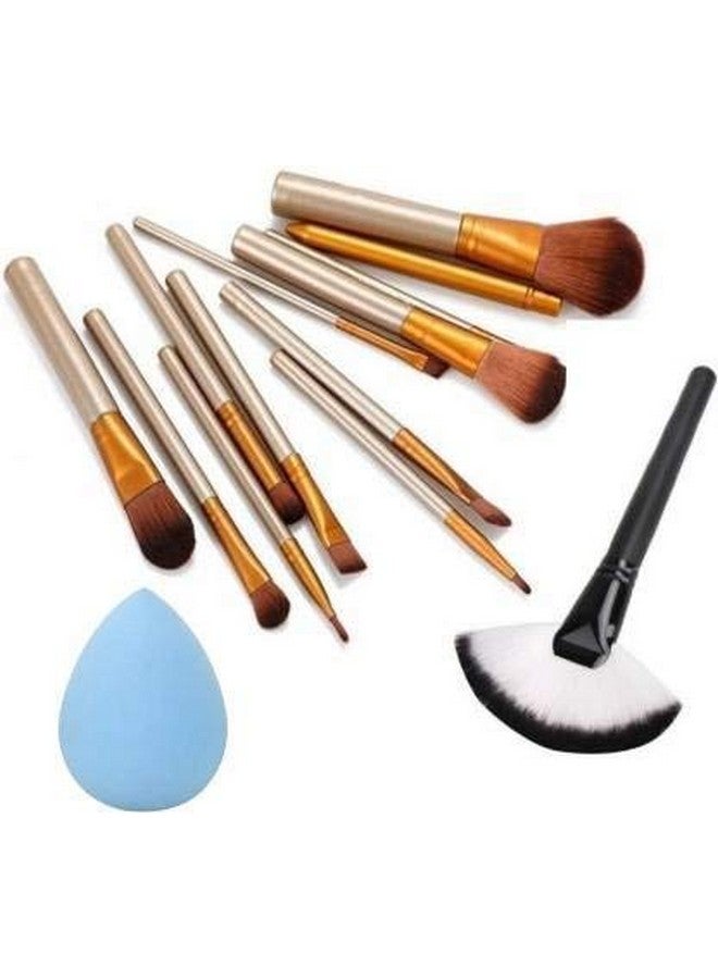 LELE Makeup Brushes Kit Set Of 12 With A Silver Storage Box And One Fan Brush And One Sponge Puff - Image 1