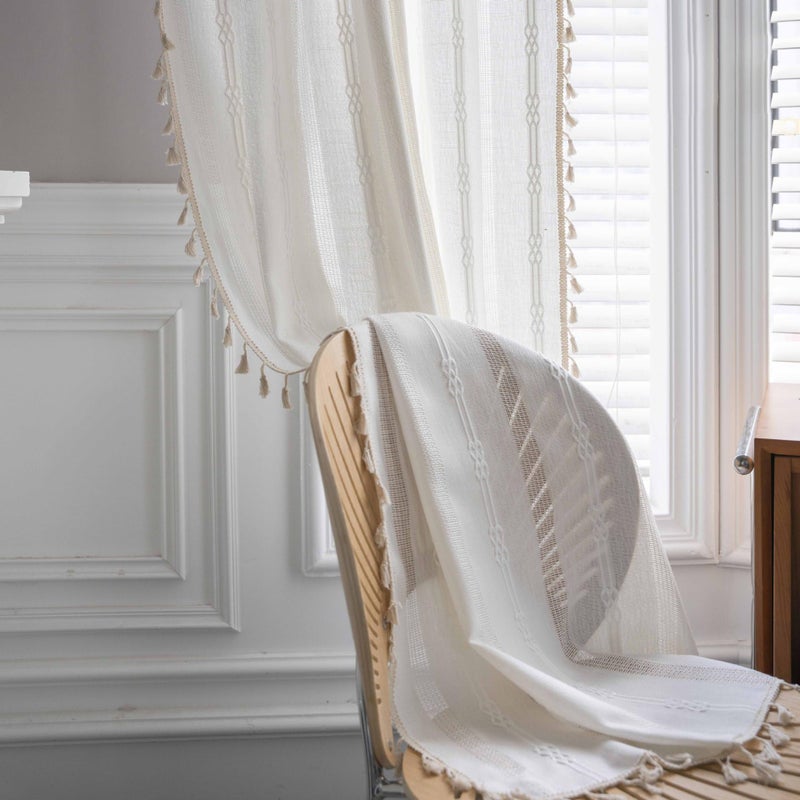 BCLBUSTE Boho Curtains for Bedroom Embroidery Striped Farmhouse 84 Inches Long 2 Pannels Set White Linen Light Filtering for Living Room Rod Pocket Drapes(52" W x 84" L,White) - Image 4