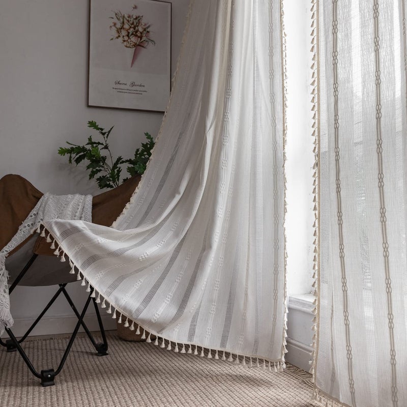 BCLBUSTE Boho Curtains for Bedroom Embroidery Striped Farmhouse 84 Inches Long 2 Pannels Set White Linen Light Filtering for Living Room Rod Pocket Drapes(52" W x 84" L,White) - Image 1