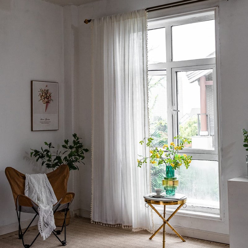 BCLBUSTE Boho Curtains for Bedroom Embroidery Striped Farmhouse 84 Inches Long 2 Pannels Set White Linen Light Filtering for Living Room Rod Pocket Drapes(52" W x 84" L,White) - Image 2