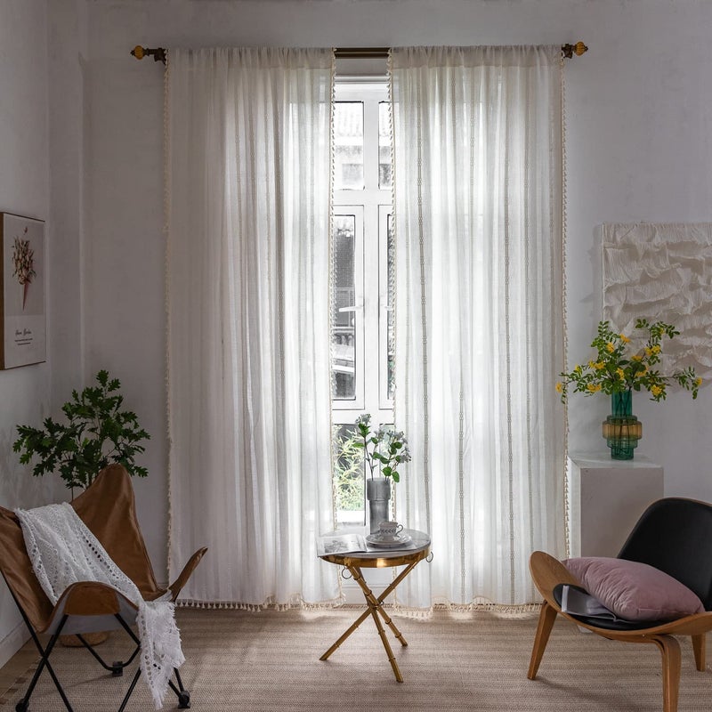 BCLBUSTE Boho Curtains for Bedroom Embroidery Striped Farmhouse 84 Inches Long 2 Pannels Set White Linen Light Filtering for Living Room Rod Pocket Drapes(52" W x 84" L,White) - Image 3