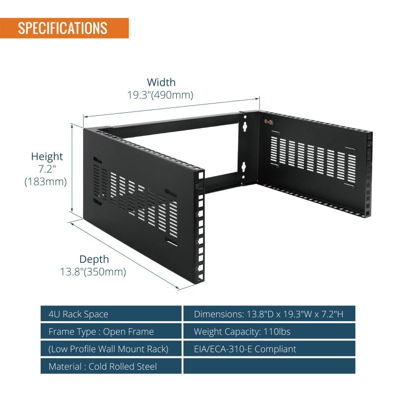 Tecmojo 4U Wall Mount Rack,4U Rack 14 inch Depth,19" Network Rack for Shallow Server and IT Equipment, Network Switches,Patch Panel Bracket,110lbs(50kg) Weight Capacity,Black - Image 2