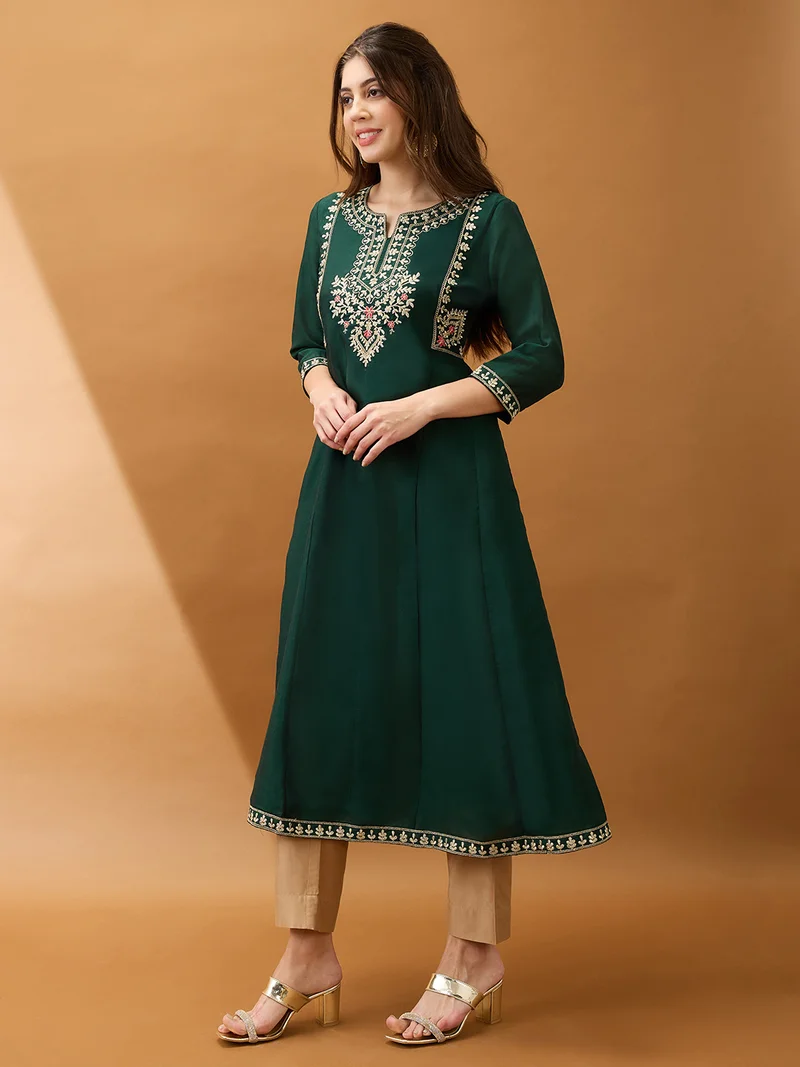 globus Globus Women Green Floral Embroidered Yoke Detail Round Neck Panelled Anarkali Festive Kurta