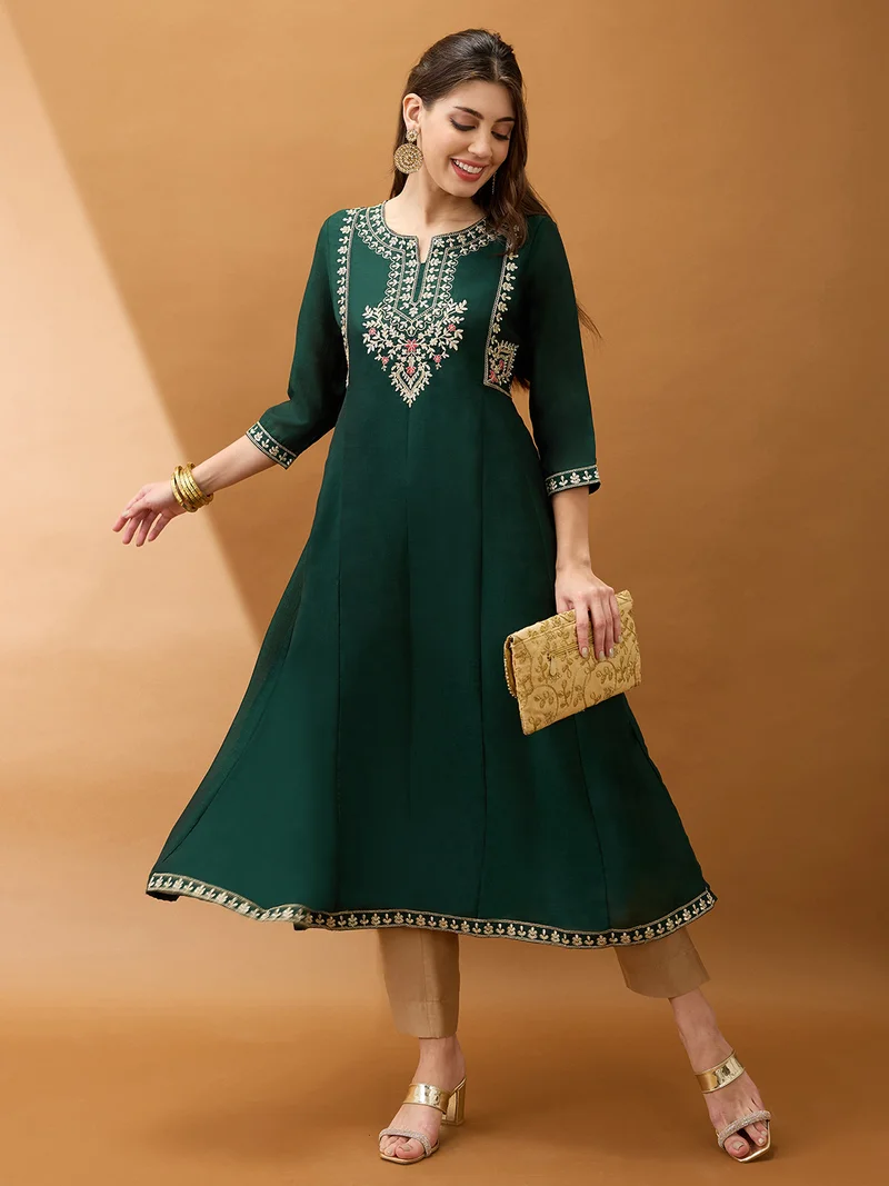 globus Globus Women Green Floral Embroidered Yoke Detail Round Neck Panelled Anarkali Festive Kurta
