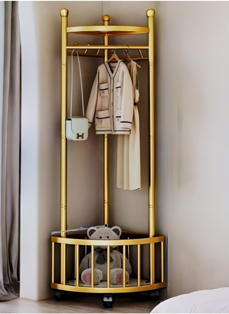 AIWANTO Corner Coat Rack with Wheels Freestanding Closet Organizer 2 Storage Shelves Hall Tree Metal for Entryway Bedroom Garment Rack 160x59x46cm Gold  - Image 1