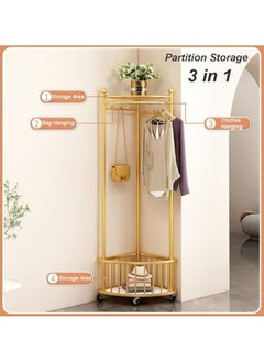 AIWANTO Corner Coat Rack with Wheels Freestanding Closet Organizer 2 Storage Shelves Hall Tree Metal for Entryway Bedroom Garment Rack 160x59x46cm Gold  - Image 2