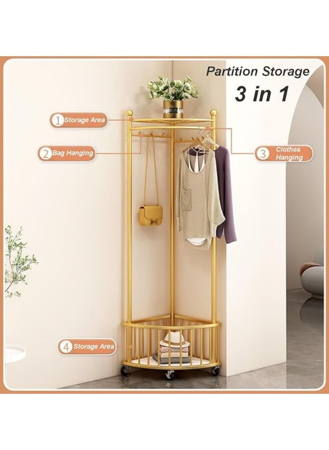 AIWANTO Corner Coat Rack with Wheels Freestanding Closet Organizer 2 Storage Shelves Hall Tree Metal for Entryway Bedroom Garment Rack 160x59x46cm Gold  - Image 2