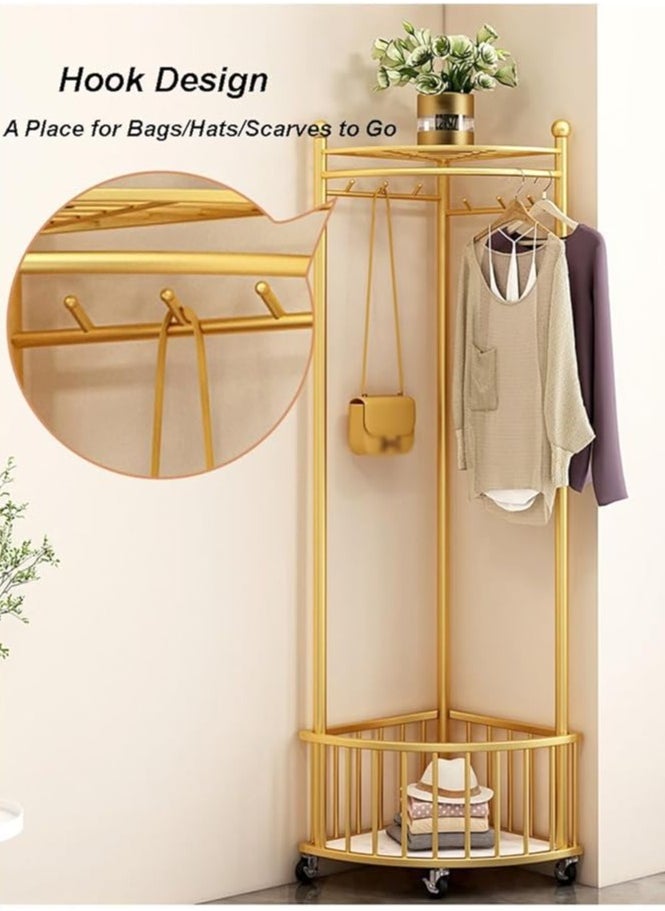 AIWANTO Corner Coat Rack with Wheels Freestanding Closet Organizer 2 Storage Shelves Hall Tree Metal for Entryway Bedroom Garment Rack 160x59x46cm Gold  - Image 3