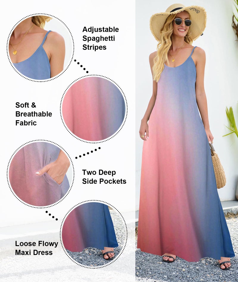 Wolddress Womens 2025 Casual Sleeveless Sundress Plus Size Loose Plain Long Summer Beach Maxi Dress with Pockets Gradient-Babyblue Pink 1X - Image 3