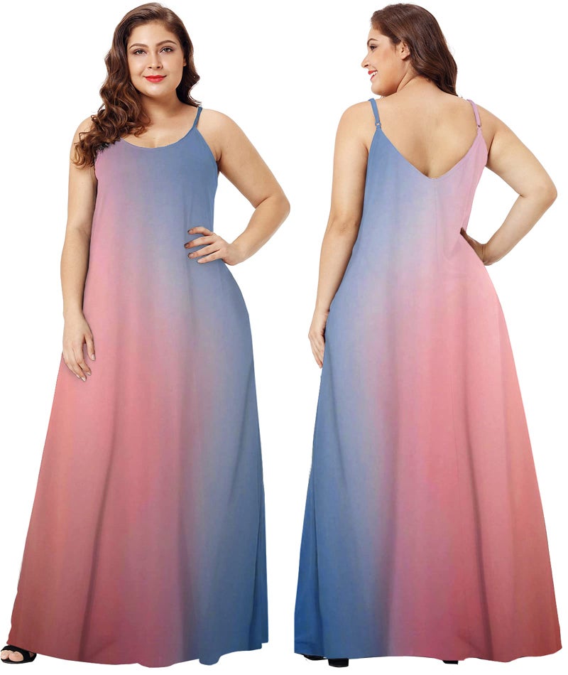 Wolddress Womens 2025 Casual Sleeveless Sundress Plus Size Loose Plain Long Summer Beach Maxi Dress with Pockets Gradient-Babyblue Pink 1X - Image 5