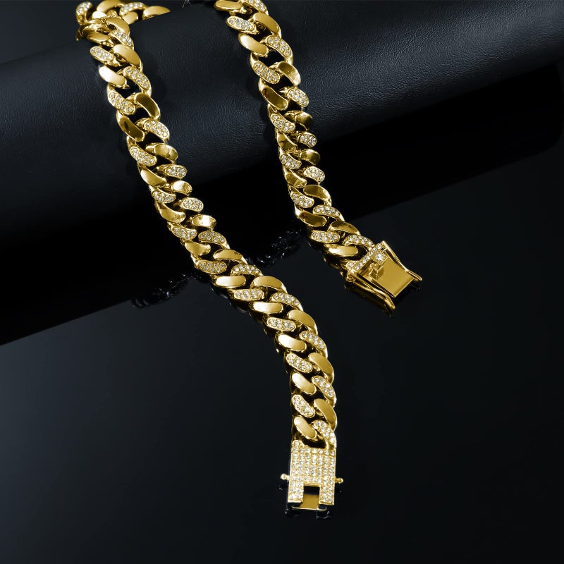 JUNVirtuous Cuban Link Chain Mens Iced Out Miami Cuban Necklace Silver/Gold Bling Diamond Hip Hop Jewelry for Women (20 inch Gold Necklace Style 2) - Image 4
