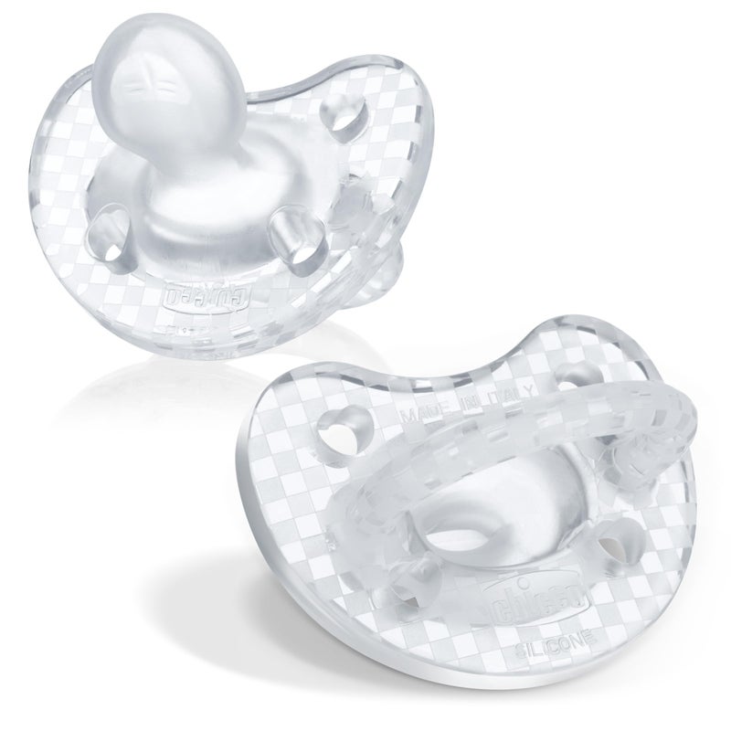 Chicco PhysioForma Luxe Orthodontic Pacifier for Babies 16-24 Months, One-Piece 100% Soft Silicone, Supports Breathing, Textured Shield & Handle, Included Sterilizing Case, BPA Free, 2-Pack, Crystal - Image 1