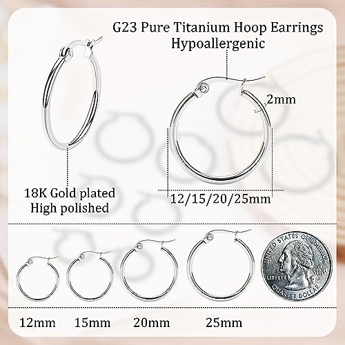 Staligue 4Pairs Titanium Hoop Earrings for Sensitive Ears Thin Hypoallergenic Titanium Earrings Hoops for Women Men Lightweight G23 Small Huggie Hoop Earrings 12MM 15MM 20MM 25MM (Silvery) - Image 2