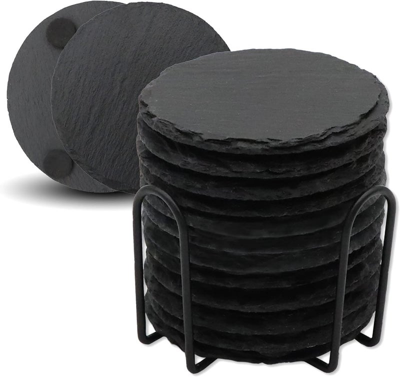VibraTITE Slate Coasters, Pack of 12 Round Glass Coasters with Holder, Slate Plate 12 x 12 cm, Black for Drinks, Glass, Cups, Bar - Image 1
