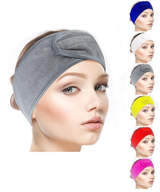 Generic Spa Headband for Women 6 Counts Ultra Soft Adjustable Makeup Hair Band with Magic Tape Stretch Head Wrap for Bath Shower Facial Mask Yoga Multicolor pack of 1  - Image 1